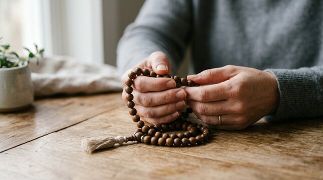 Persons Hands Holding Prayer Beads for Meditation and Reflection.