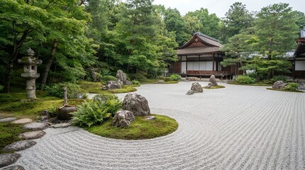 Fototapeta premium Serene Japanese Zen Garden with Raked Sand and Lush Greenery.