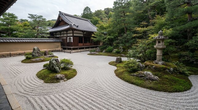 Serene Japanese Zen Garden with Traditional Temple Building and Raked Sand.