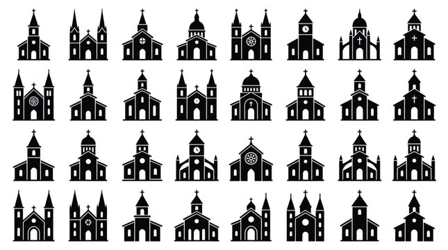 Set of 32 black silhouette church icons featuring diverse architectural styles including cathedrals and chapels with crosses and steeples, isolated on a white background for design.