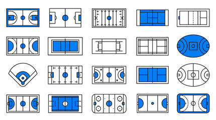 Obraz premium Minimalist collection of various sports field and court top-down icons in blue and white line art style, illustrating athletic facility planning and provides assets for sports branding
