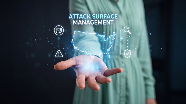 Businesswoman Holding Blue Attack Surface Management Hologram