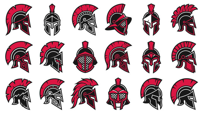 Set of eighteen spartan and gladiator helmet vector icons with red plumes and black metallic details on white, symbolizing athletic mascots and representing competitive branding identity