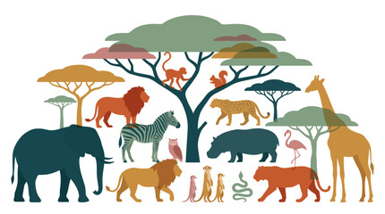 Obraz premium Flat vector illustration of wild animals like elephant, lion and giraffe under acacia trees, representing wildlife biodiversity and providing educational nature conservation content