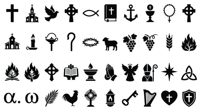 Set of Christian religious icons including various crosses, church buildings, bible, dove, fish, rosary, chalice, praying hands, and holy angel silhouettes on white background.