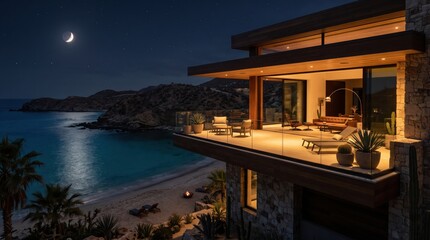 Fototapeta premium Modern coastal villa terrace overlooking bay at night