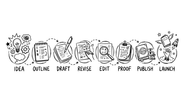 Hand drawn book writing journey icons idea outline draft revise edit proof publish launch, black ink sketch vector illustration