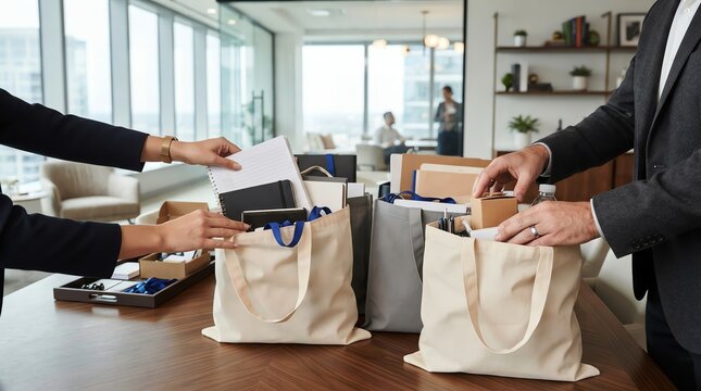 Close Up of Corporate Executive Hands Packing Reusable Canvas Tote Bags with Office Supplies on a Wooden Table