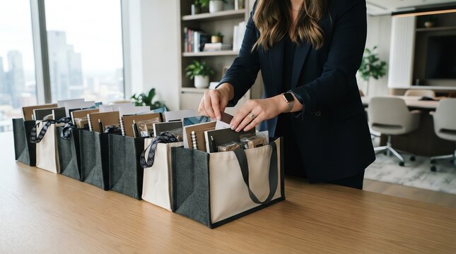 Professional executive woman packing corporate gift bags with notebooks and tech accessories on a desk in a modern office