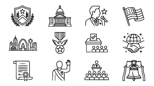 USA Politics and Government Icon Set: Election, Law, Freedom, and Patriotism Symbols