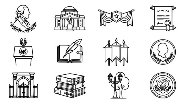 Set of American Government and History Icons: Washington, Capitol, Scroll, Seal