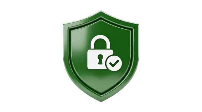 Green shield icon with a padlock. Secure data protection symbol for digital safety.