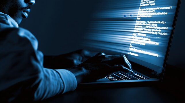 Person typing code on a laptop in a dark environment, highlighting programming and software development activities.