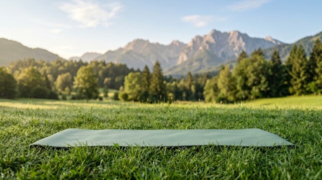 Yoga Mat on Grassy Field with Mountain Landscape Background.