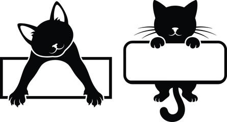Cute peeking black cats silhouette holding empty blank text box frames set with playful feline characters peeping out isolated on white background © Rakib