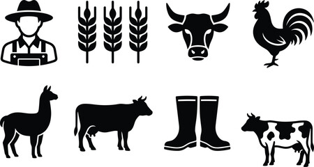 Farming and ranch agriculture black silhouette icons set with farmer wheat bull head rooster llama cow rubber boots isolated on white background © Rakib