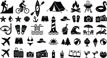 Outdoor camping and summer beach vacation silhouettes vector icons set featuring isolated black hiking cycling camping tent bonfire bbq and tropical travel elements on white background. © Rakib