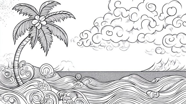 Tropical Island Scene, Black and White, Ocean Waves, Coloring Page, Peaceful, Ocean, Palm Tree