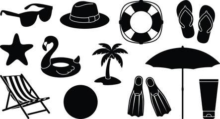 Summer beach resort vacation silhouettes vector elements set featuring isolated black sunglasses flamingo float lifebuoy flip flops umbrella palm tree and deck chair on white background. © Rakib