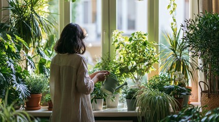 Obraz premium A person waters a variety of lush green houseplants by a bright window, creating a serene indoor garden atmosphere.