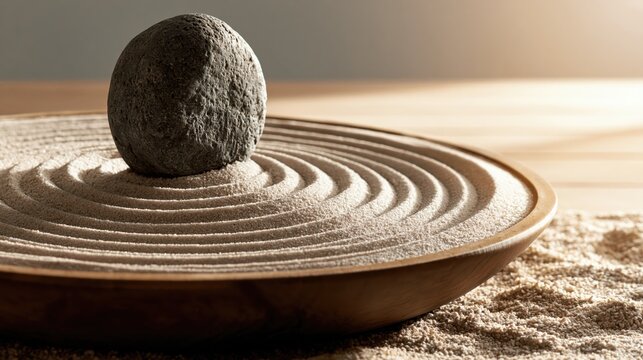 A balanced stone rests on concentric sand patterns in a wooden tray, evoking calmness and Zen garden aesthetics.