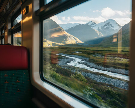 Scenic train journey through alpine valley view from window of mountains and river travel and adventure concept.