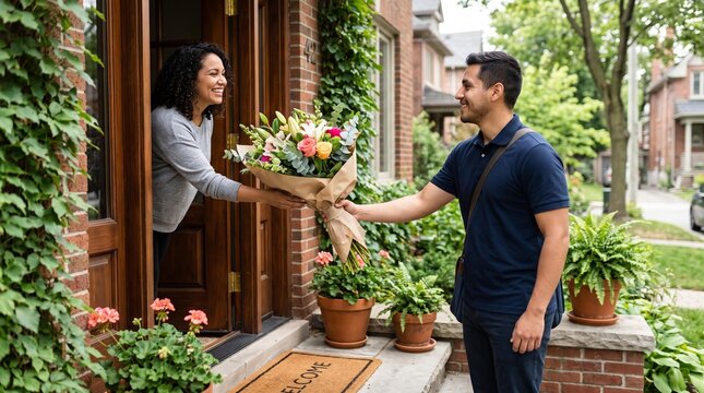 Man delivering a bouquet of flowers to a woman at her front door