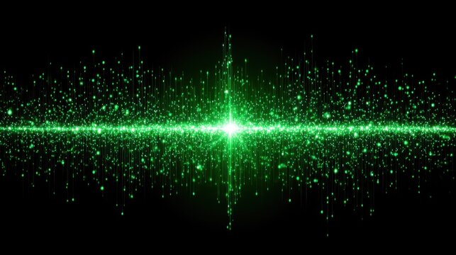 Vibrant green digital waveform abstract particles exploding outwards from a bright center point, representing data flow and energy