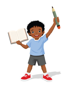 Little African boy holding big pencil and opened book
