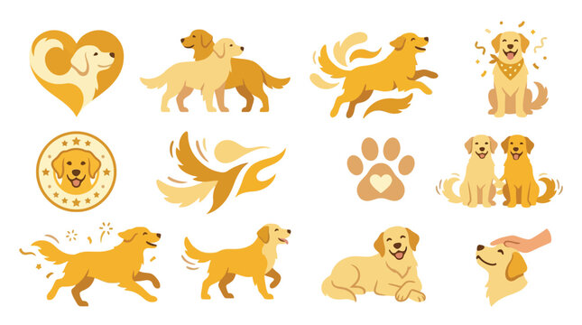 Collection of Golden Retriever dog illustrations in various poses and styles, perfect for pet-related designs.