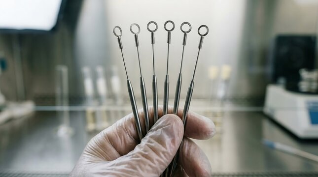 Microbiologist holds sterile inoculating loops in laboratory for research