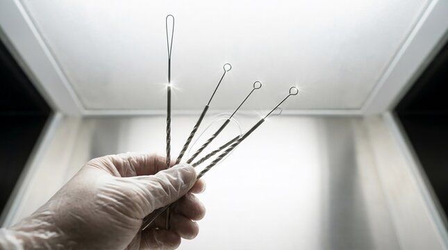 Hand in glove holding sterile inoculation loops for microbiology research
