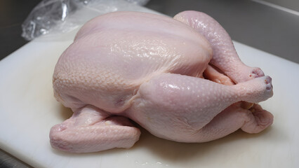Fototapeta premium Whole Raw Chicken on Cutting Board: A whole raw chicken, prepared for cooking, sits on a clean white cutting board, ready to be seasoned and transformed into a delicious meal.