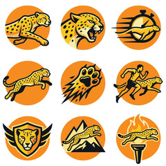 Vector collection of nine circular cheetah mascot logos featuring running wild cats, predatory heads, stopwatch symbols, mountain silhouettes, and athletic competition themes. © Tutorialxxx18