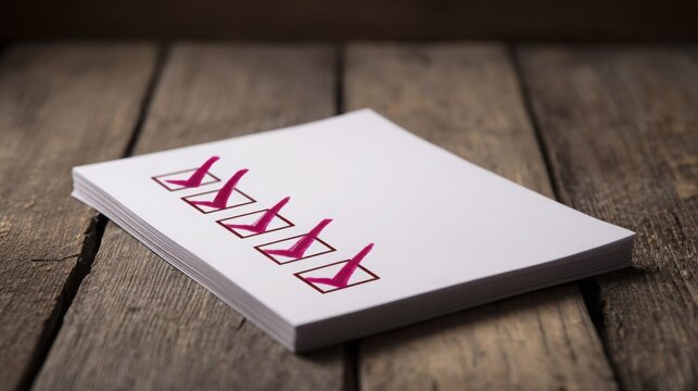 A pristine white notepad with neatly ticked crimson checkboxes rests on a rustic wooden surface, representing task completion and organized progress.