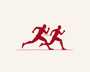 Obraz premium Symmetrical silhouette illustration of two male athletes running a sprint race highlighting posture and competitive alignment in red