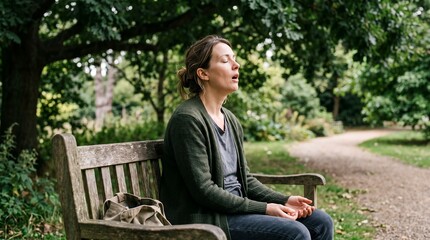 Obraz premium Woman Meditating on a Park Bench Surrounded by Lush Greenery.