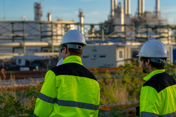 Obraz premium Three oil and gas workers in yellow hi vis jackets and white helmets seen from behind while the man on the left lifts his radio to call the control room in warm daylight