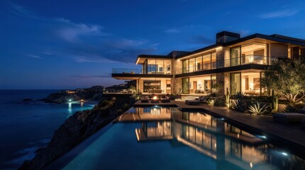 Obraz premium Modern ocean cliff villa with infinity pool at night