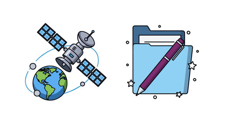 Satellite orbiting Earth and folder with pen © RGN