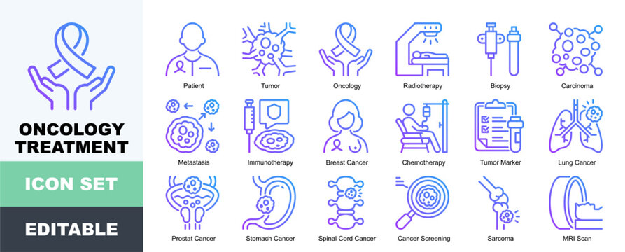 Oncology Treatment Icon Pack Featuring Patient, Tumor, Radiotherapy, Carcinoma, Metastasis, Immunotherapy, Breast Cancer, Chemotherapy