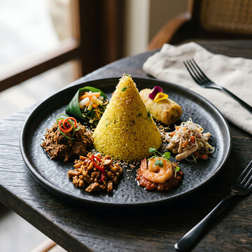 Indonesian Rice Dish with Assorted Toppings on Black Plate