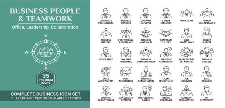Business People icon set. Office and teamwork related line icons. manager, employee, meeting, leadership, handshake, corporate, communication, collaboration, success and more. Editable stroke.