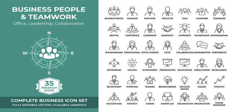 Business People icon set. Office and teamwork related line icons. manager, employee, meeting, leadership, handshake, corporate, communication, collaboration, success and more. Editable stroke.