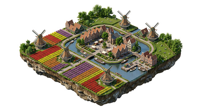 Isometric Floating Island with Dutch Windmills and Colorful Tulip Fields Isolated