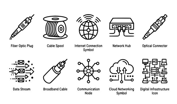 Fiber Optic Communication Line Icons Set with Labels Including Plug Cable Spool Network Hub and Cloud Symbols Vector Collection
