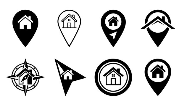 House Map Marker Symbol Set with Compass Circle Triangle and Pin Shapes Representing Home Location Vector Icon Collection
