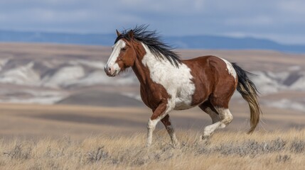 Obraz premium Majestic Pinto Stallion Galloping Through a Sunlit Meadow with Distinct Markings