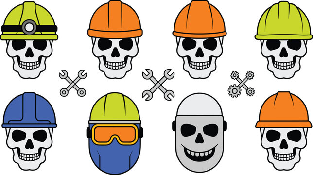Construction Worker Skull Vector Icon Set Wearing Safety Hard Hats Helmets and Welding Mask with Crossed Wrenches for Industrial Logo Designs
