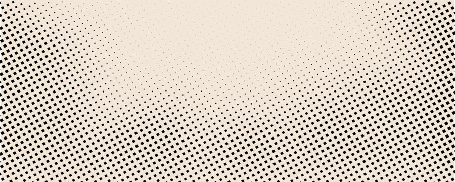 Aged beige square halftone gradient texture. Fading repeating diamond pixel background. Repeated gradation pattern. Vanishing comic pop art overlay backdrop. Vector cartoon raster effect wallpaper